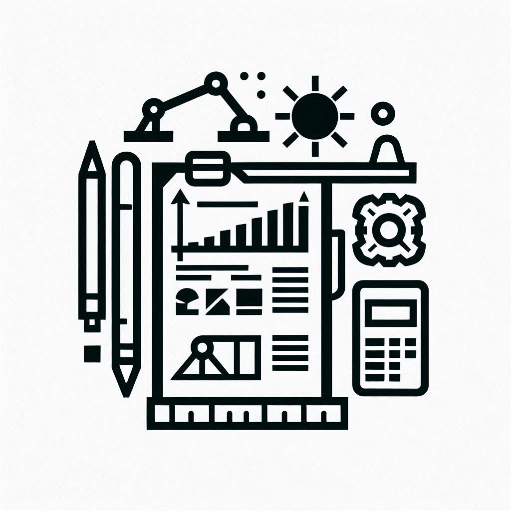 ícone simples com fundo branco e desenho em preto relacionado a laudos e pareceres técnicos sobre estruturas em concreto